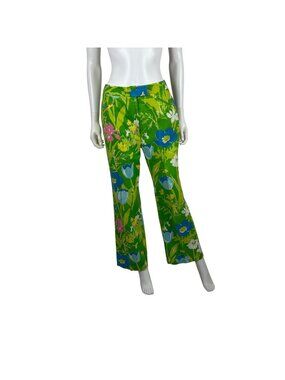 Vintage 60s Floral Pants Womens Small Colorful Green Straight Leg Flower Power